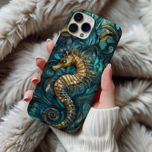 Stained Glass Seahorse Phone Case for iPhone Samsung Galaxy Ocean Marine Life Design Artistic Ocean Phone Case Pro Max Galaxy S Pixel 9