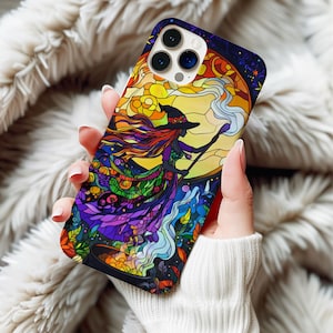 Stained Glass Witch Phone Case for iPhone Samsung Pixel Vibrant Halloween Magic Art Full Moon Cauldron Floral Autumn Design iPhone 16