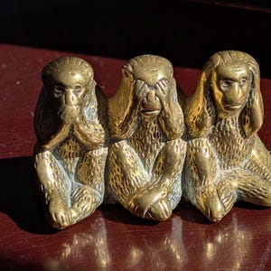 Brass Three Wise Monkeys Statue: See, Hear, Speak No Evil Paperweight