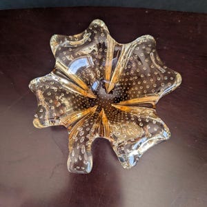 Lucky Four Leaf Clover Trinket Dish Decorative Bowl Glass Amber to Honey Bullicante