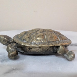 Antique Solid Brass Tortoise Trinket Box | Hinged Shell Jewelry Dish | Vintage Brass Turtle Decor | Animal Shaped Keepsake Box