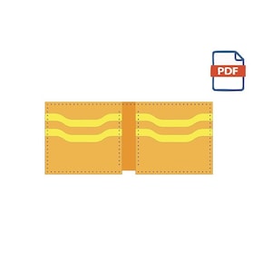 Op de afbeelding: Een open, platte, oranje portemonnee met gele kaartsleuven aan de binnenkant. De portemonnee wordt in een platte lay-out getoond, met een PDF-pictogram in de rechterbovenhoek.