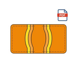 Puede incluir: Un diseño de cartera rectangular naranja con acentos curvos amarillos y melocotón. La cartera tiene un borde punteado y un icono PDF en la esquina superior derecha. El diseño es simple y moderno.