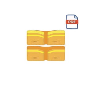 May include: Two open, yellow and orange wallets with multiple card slots are displayed. The wallets are shown in a flat lay style, with a PDF icon in the upper right corner. The wallets are empty.