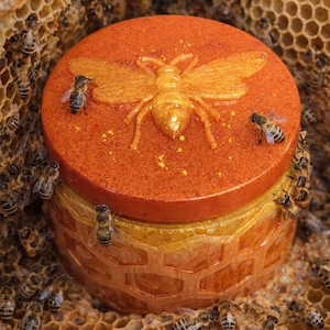 May include: An orange jar with a golden bee design on the lid, surrounded by honeybees and honeycomb. The jar has a hexagonal pattern. The lid features a raised, golden bee. The jar is filled with honey.