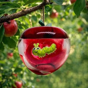 May include: A red apple-shaped glass bird feeder with a green and yellow caterpillar design. The feeder hangs from a tree branch, surrounded by green leaves and red apples.