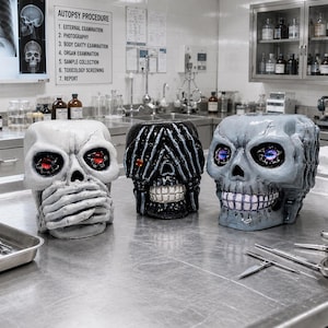 May include: Three skull-shaped decorative objects with glowing eyes are displayed on a stainless steel surface. The skulls are white, black, and grey, with details like teeth and hands covering the mouth. Surgical tools and a sign reading "AUTOPSY PROCEDURE" are in the background.