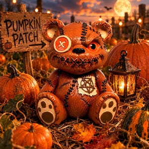 May include: A brown teddy bear figurine with a stitched mouth, one button eye, and a pentagram patch on its chest. The bear has an angry expression and is surrounded by pumpkins, a wooden sign reading PUMPKIN PATCH, and a lit lantern.