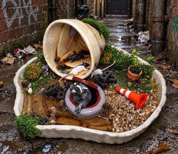 A handmade post-apocalyptic miniature diorama featuring rats and a badger reclaiming urban ruins — the kind of tiny world you stare at for ten minutes discovering new details.