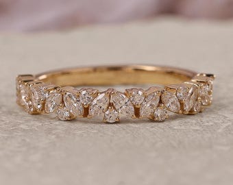 Cluster Set Muse Wedding Band, Colorless Marquise & Round Cut Moissanite Band, Half Eternity Gift
