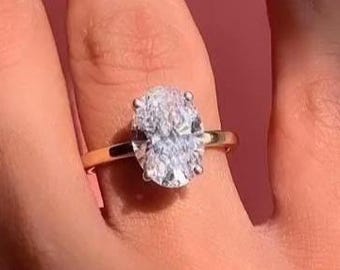Oval förlovningsring Moissanit Solitaire Hidden Halo 14K guld 3,28 CT smycken