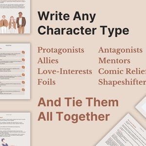 Op de afbeelding: Een afbeelding met de tekst "Schrijf elk type personage" en een lijst met personage-typen, waaronder protagonisten, antagonisten, bondgenoten, mentoren, liefdesbelang, komische verlichting, foils en gedaanteverwisselaars.