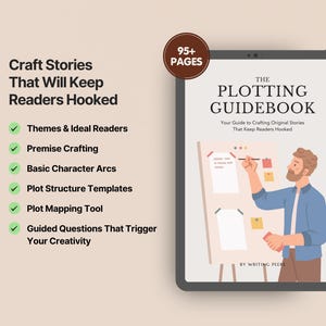 Könnte beinhalten: Ein digitales Tablet zeigt ein Buchcover mit dem Titel "The Plotting Guidebook: Your Guide to Crafting Original Stories That Keep Readers Hooked." Das Cover zeigt eine Cartoon-Illustration einer Person, die an einem Whiteboard mit Haftnotizen schreibt.