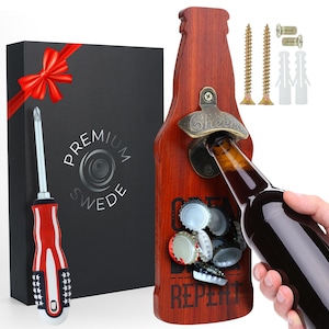 May include: Wooden bottle opener shaped like a beer bottle with a metal bottle opener that says "Cheers". The bottle opener has a magnetic back to hold bottle caps. The text "Open Drink Repeat" is printed on the bottle opener. It comes with a screwdriver and mounting hardware.