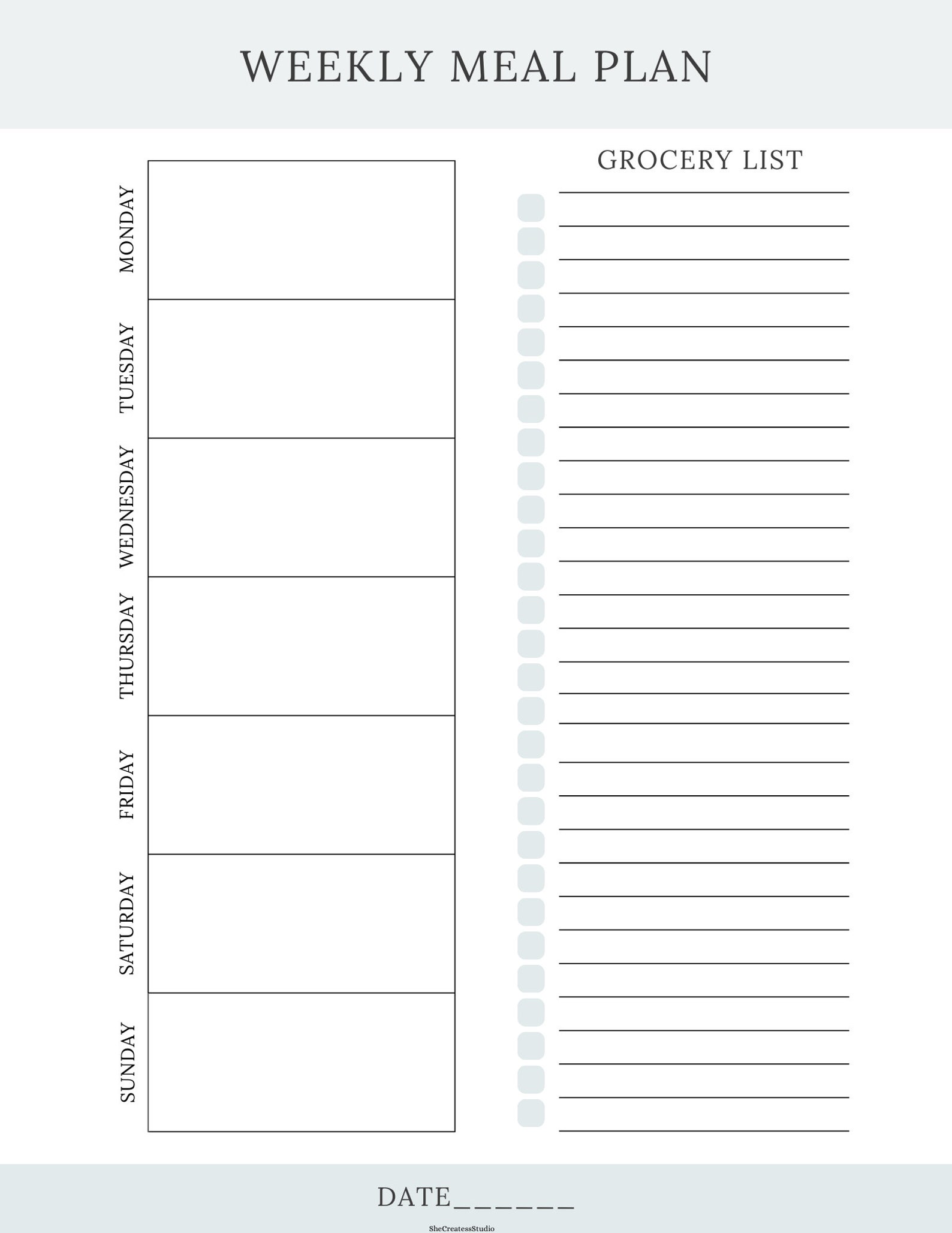 Printable Weekly Meal Plan Template With Grocery List - Instant ...