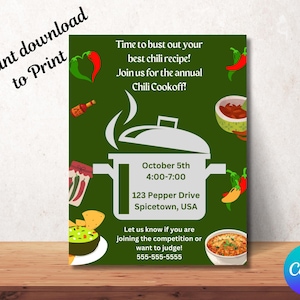 May include: Green and white printable invitation for a chili cookoff. The invitation features a chili pot, chili peppers, and the text "Time to bust out your best chili recipe! Join us for the annual Chili Cookoff!"  October 5th, 4:00-7:00, 123 Pepper Drive, Spicetown, USA. Let us know if you are joining the competition or want to judge! 555-555-5555.
