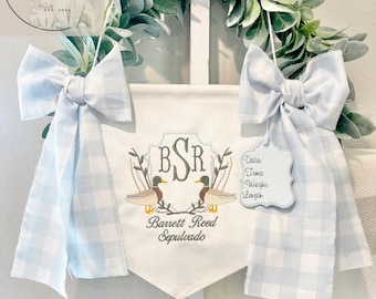 Custom Embroidered Baby Banner, Birth Announcement, Hospital Door Sign with bows, Baby Gift, Bassinet banner with crest, Mallard Ducks