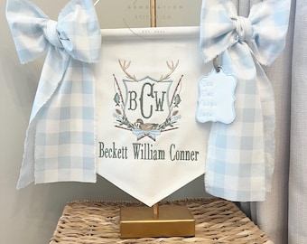 Custom Embroidered Baby Banner, Birth Announcement, Hospital Door Sign Blue Gingham bows, Bassinet banner with crest, Hunting/Fishing