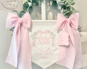 Custom Embroidered Baby Banner, Birth Announcement, Hospital Door Sign with bows, Baby Gift, Bassinet banner with crest, Swans