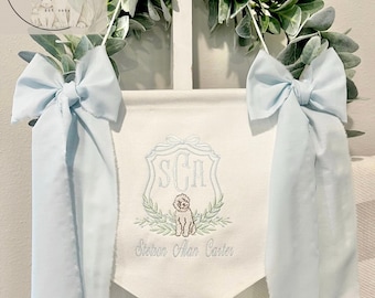 Custom Embroidered Baby Banner, Birth Announcement, Hospital Door Sign with bows, Baby Gift, Bassinet banner with crest, Golden Doodle