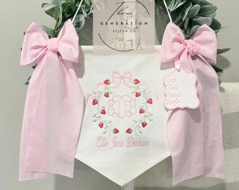 Custom Embroidered Baby Banner, Birth Announcement, Hospital Door Sign with bows, Baby Gift, Bassinet banner with crest, Strawberry