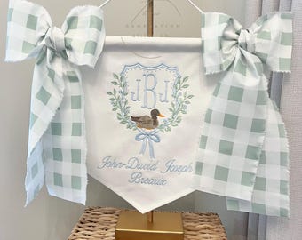 Custom Embroidered Baby Banner, Birth Announcement, Hospital Door Sign with bows, Baby Gift, Bassinet banner with crest, Mallard Duck