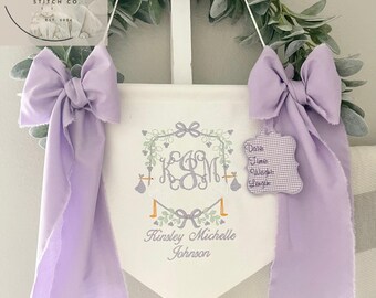 Custom Embroidered Baby Banner, Birth Announcement, Hospital Door Sign with bows, Baby Gift, Bassinet banner with crest,Lavender  Storks