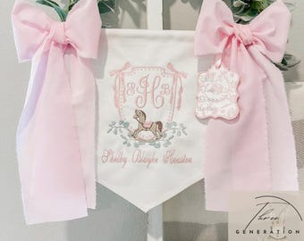 Custom Embroidered Baby Banner, Birth Announcement, Hospital Door Sign with bows, Baby Gift, Bassinet banner with crest, Rocking Horse