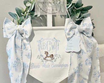 Custom Embroidered Baby Banner, Birth Announcement, Hospital Door Sign with bows, Baby Gift, Bassinet banner with crest, Rocking Horse Toile