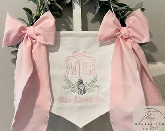 Custom Embroidered Baby Banner, Birth Announcement, Hospital Door Sign with bows, Baby Gift, Bassinet banner with crest, Golden Doodle