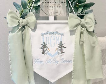 Custom Embroidered Baby Banner, Birth Announcement, Hospital Door Sign w/Bows, Baby Gift, Bassinet banner with crest, Lousiana Pelican Crest