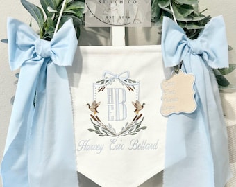 Custom Embroidered Baby Banner, Birth Announcement, Hospital Door Sign with bows, Baby Gift, Bassinet banner with crest, NEW Mallard Ducks