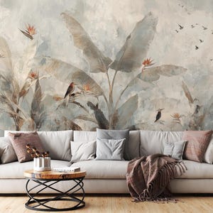 Tropical Palm Leaf Wallpaper Mural: Birds of Paradise, Modern Spa Decor