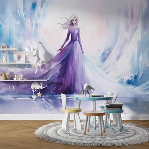 Mural de habitación infantil con niña con vestido morado, papel tapiz de princesa de acuarela despegable y adhesivo, arte de personaje de hadas extraíble