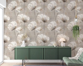 Ginkgobladbehang: beige taupe botanische wandbekleding