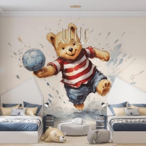 Mural con bonito oso de fútbol, papel tapiz despegable y adhesivo con temática deportiva para guardería, revestimiento de pared con animales de dibujos animados de acuarela para sala de juegos