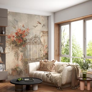 Vintage Garden Wallpaper Mural: European Iron Gate & Roses