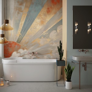 Gouden zonnestraalmuurschildering - art-decozonsopgang met groenblauwe wolken