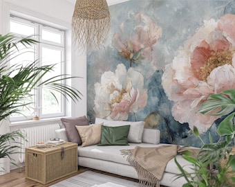 Blush Pink Peony Wall Mural: Vintage Cottagecore Floral Wallpaper