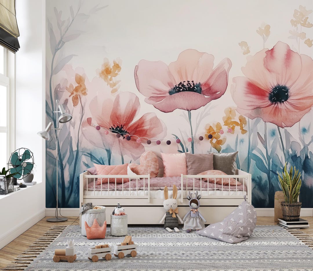 Pink Poppy Flower Mural: Watercolor Floral Peel and Stick Wallpaper - Etsy