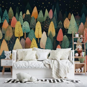 Mural de pared con árboles coloridos, papel tapiz despegable y adhesivo con diseño de bosque abstracto oscuro, decoración de pared con acentos divertidos y extraíbles