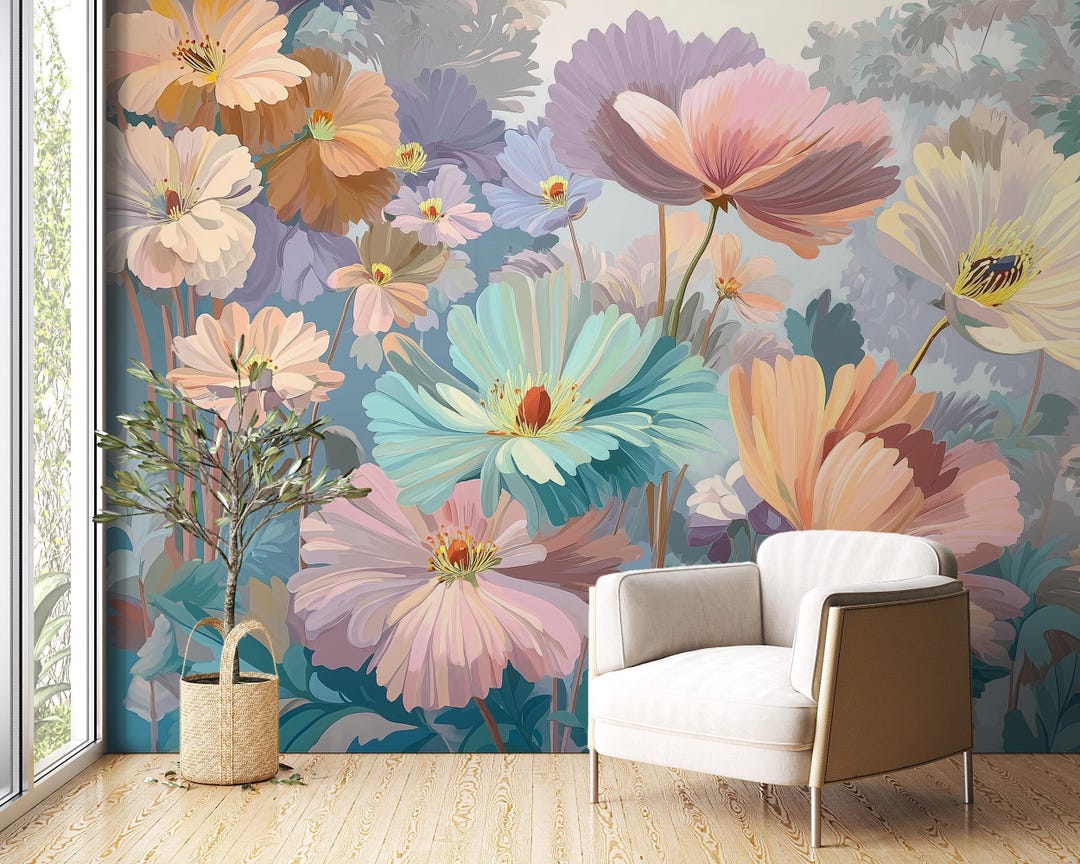 Colorful Floral Wall Mural With Large Pastel Flowers in Artistic ...