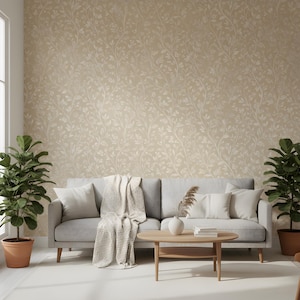 Beige bloemenbehang: verwijderbaar botanisch behang | Neutrale vintage wanddecoratie