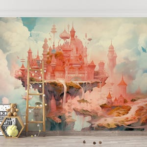 Mural de castillo de cuento de hadas, mural de pared de ensueño para habitación de bebé, papel tapiz de castillo rosa entre las nubes, decoración de pared con dibujos de acuarela