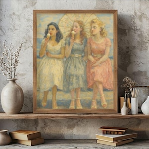 Boardwalk Ice Cream Girls - Vintage 1950s Summer Art Print, Retro Pastel Beach Poster, Printable Digital Download Wall Decor