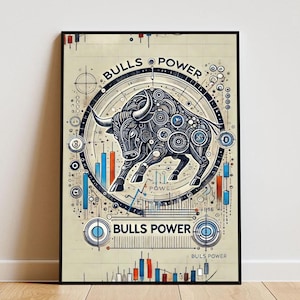 Póster estético de un toro bursátil hecho de papel mate con marco, un toro bursátil dibujado como póster, regalo para inversores del mercado financiero.