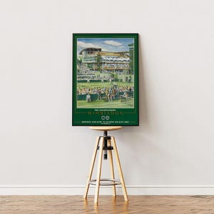 Puede incluir: Un p&oacute;ster verde y blanco con una ilustraci&oacute;n de un partido de tenis en Wimbledon. El p&oacute;ster dice "The Championships Wimbledon" y "Monday 21st June to Sunday 11th July 1993".