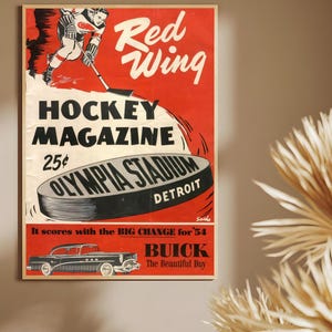 Poster vintage Red Wing con cornice, poster sportivo estetico, poster di hockey su ghiaccio, regalo per gli amanti dell'hockey su ghiaccio, poster retrò Detroit Red Wings
