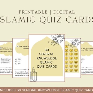 May include: A set of 30 printable Islamic quiz cards with a yellow background and a decorative border. The cards feature general knowledge questions about Islam, such as the name of the first revelation received by the Prophet Muhammad (PBUH) and the number of verses in the Quran. The cards are perfect for learning about Islam in a fun and engaging way.