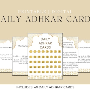 May include: A set of printable digital Daily Adhkar Cards. The cards feature a gold and white design with Arabic text and English translations. The set includes 40 cards, perfect for daily use.